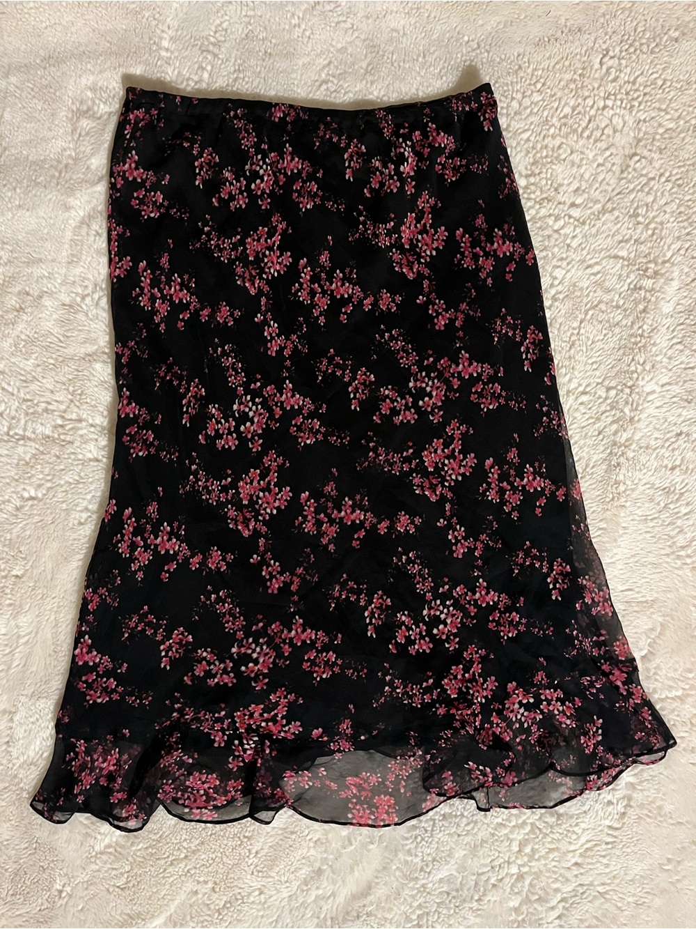 Black Floral Midi Skirt with Pink Blossom Print
